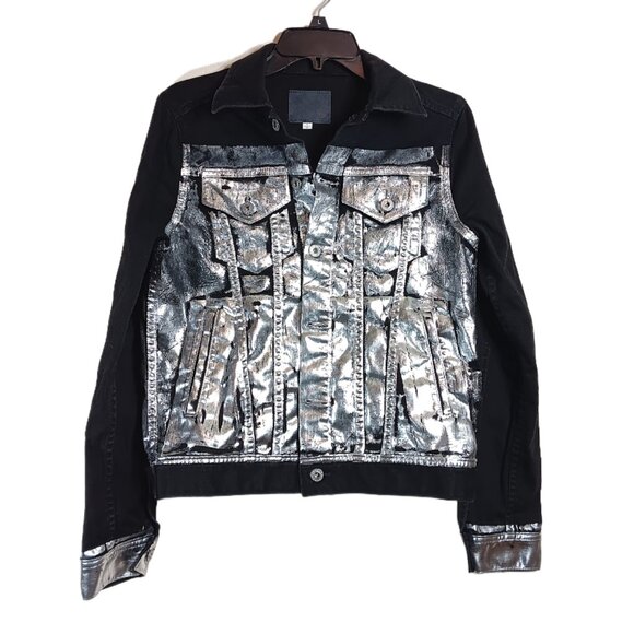 AG Adriano Goldschmied Denim Trucker Jacket Womens S Black Silver Foil Robyn New - Picture 2 of 6